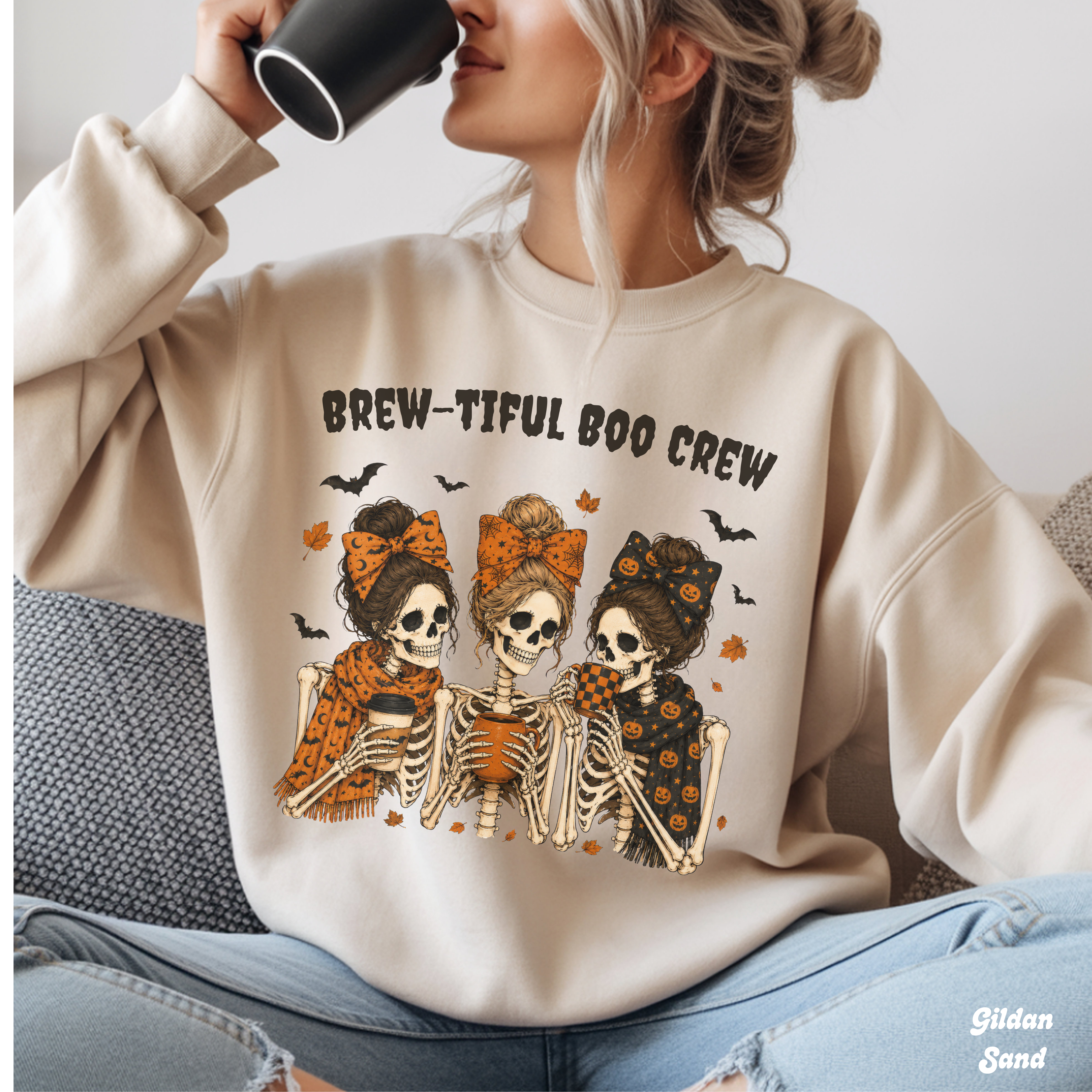 Skeleton Coffee Sweatshirt Fall Halloween Shirt Sip Sip Hooray It's Fall Y'all Boho Skeleton Bow Pumpkin Spice Cozy Autumn Graphic Sweater