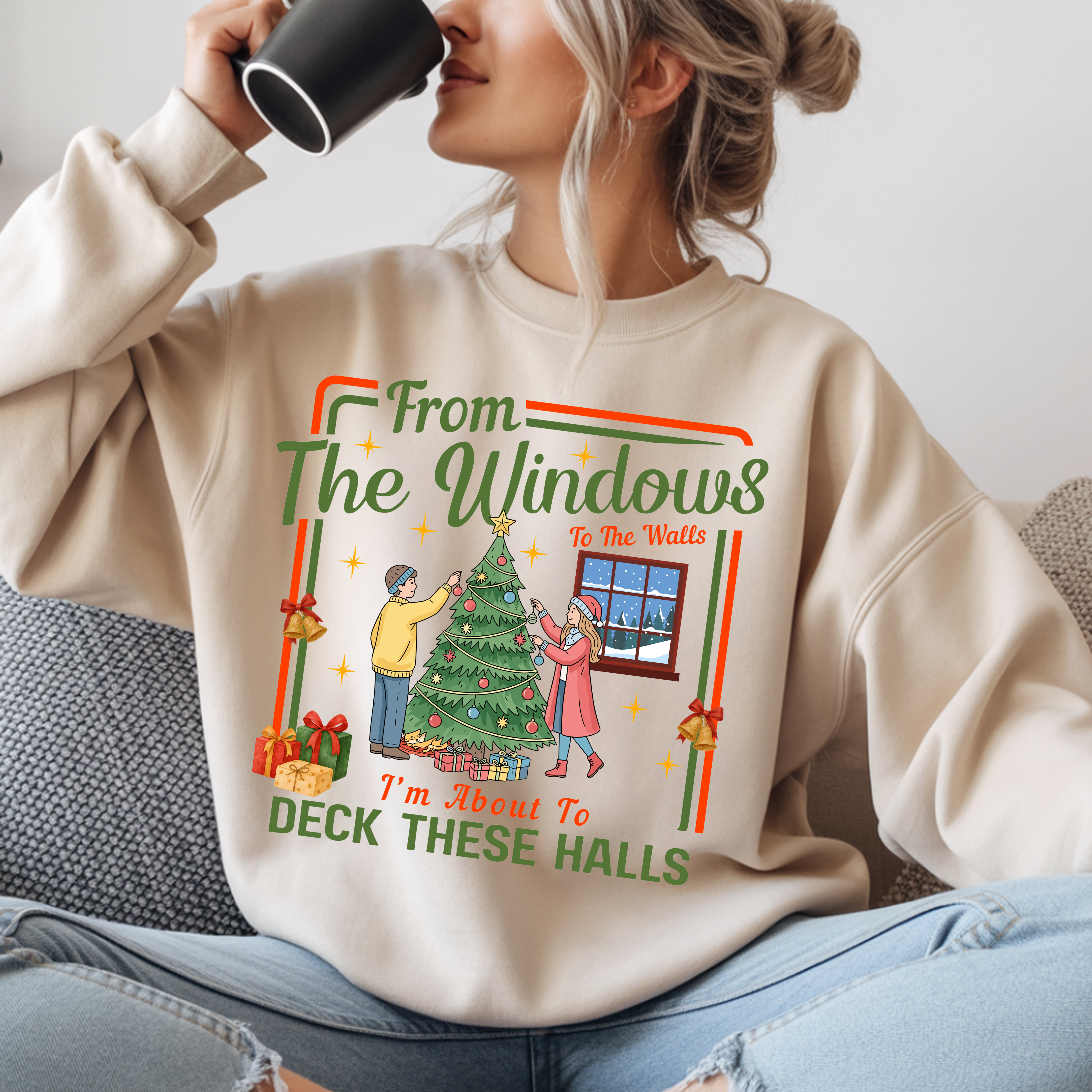 From The Windows To The Walls Christmas Sweatshirt, Deck These Halls Retro Xmas Tree Shirt, Funny Holiday Sweater, Christmas Gift for Her