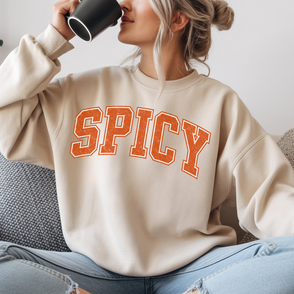 Spicy Varsity Letter Sweatshirt, Funny Collegiate Crewneck, Sarcastic Women's Sweatshirt, Trendy Oversized Fall Pullover, Sassy Gift Idea