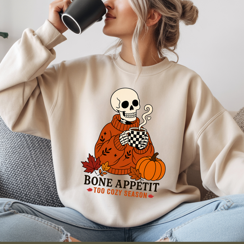 Bone Appetit Sweatshirt, Funny Skeleton Coffee Sweatshirt, Cozy Season Fall Sweater, Halloween Pumpkin Shirt, Skeleton Latte Sweatshirt