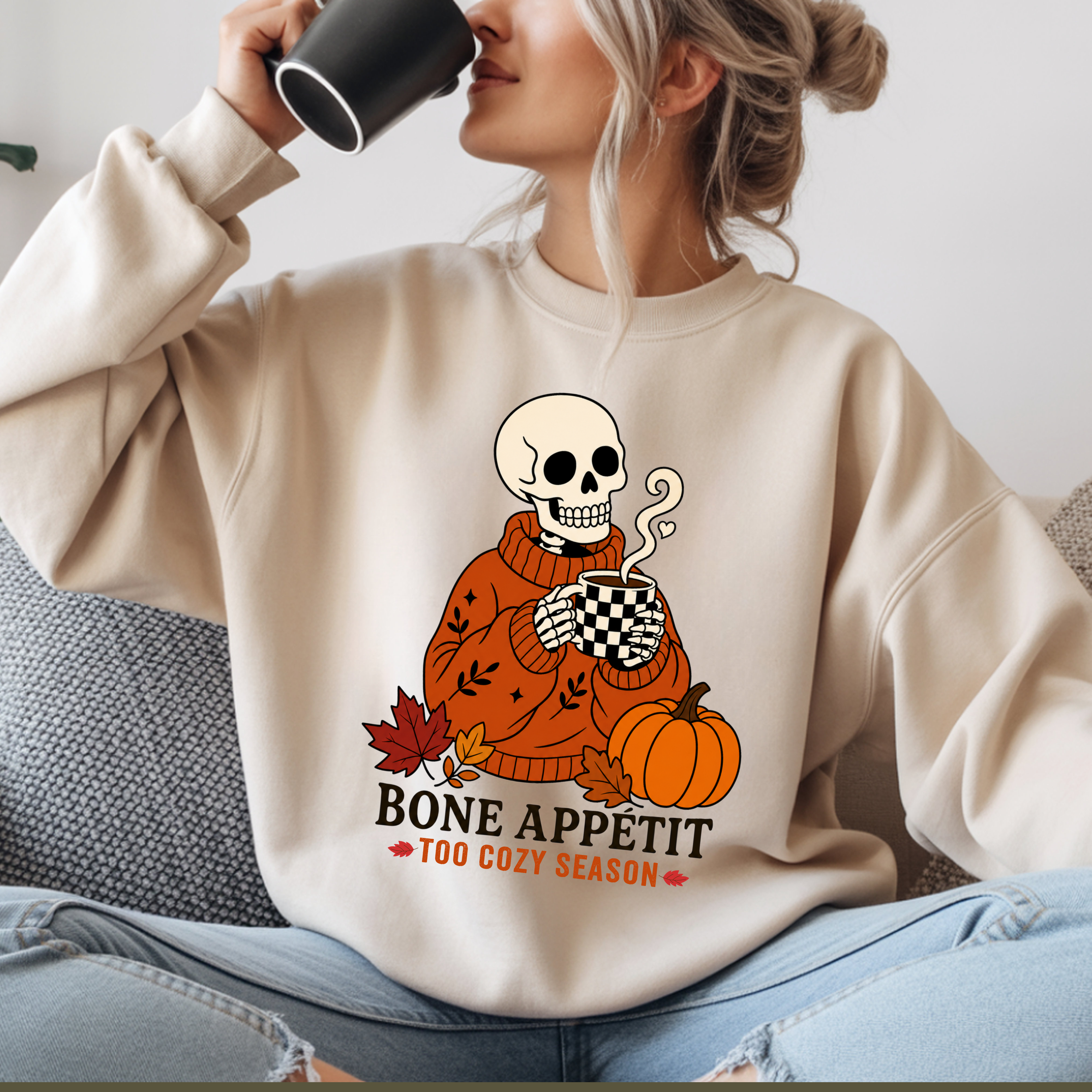 Bone Appetit Sweatshirt, Funny Skeleton Coffee Sweatshirt, Cozy Season Fall Sweater, Halloween Pumpkin Shirt, Skeleton Latte Sweatshirt