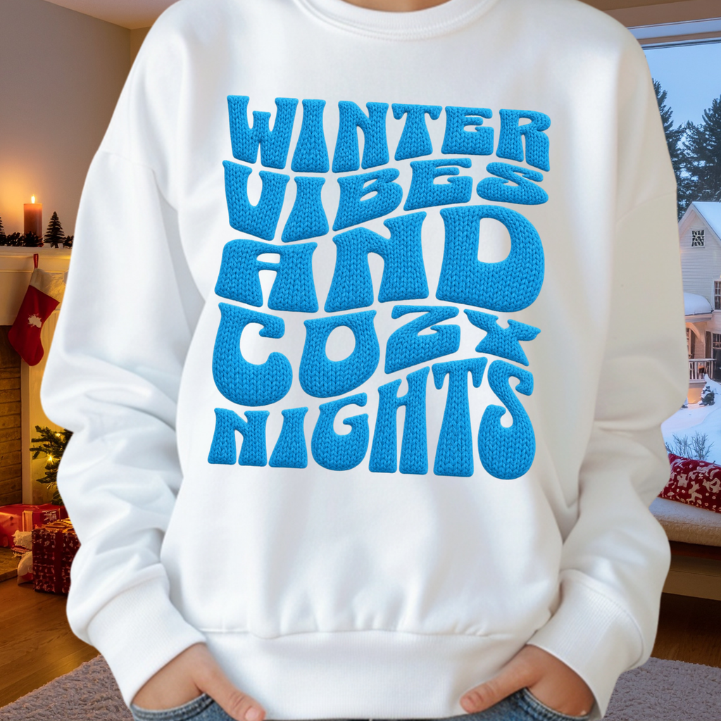 Winter Vibes And Cozy Nights Sweatshirt, Retro Wavy Bubble Letter Sweatshirt, Winter Quote Crewneck, Cozy Season Sweater, Trendy Winter Top