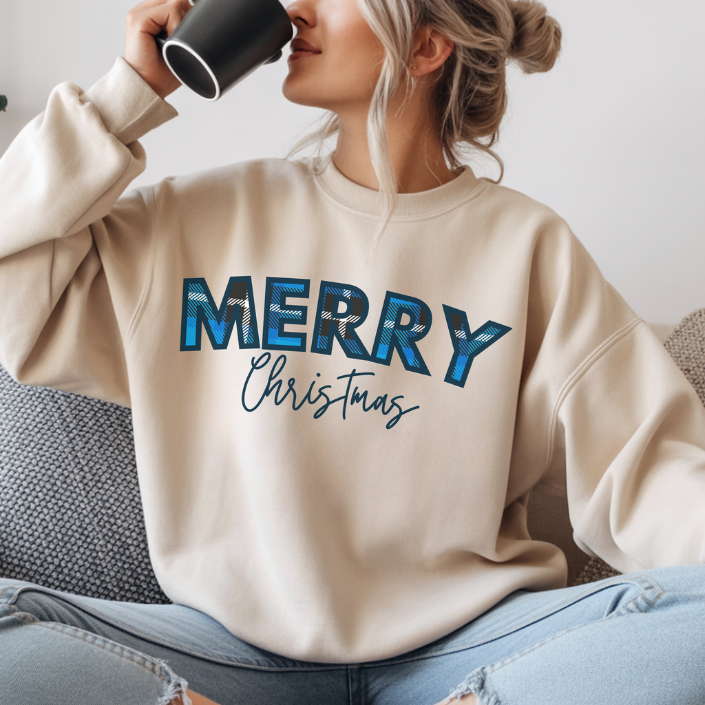 Merry Christmas Blue Plaid Sweatshirt | Buffalo Check Christmas Shirt | Winter Holiday Crewneck | Xmas Gift for Her | Cozy Christmas Top