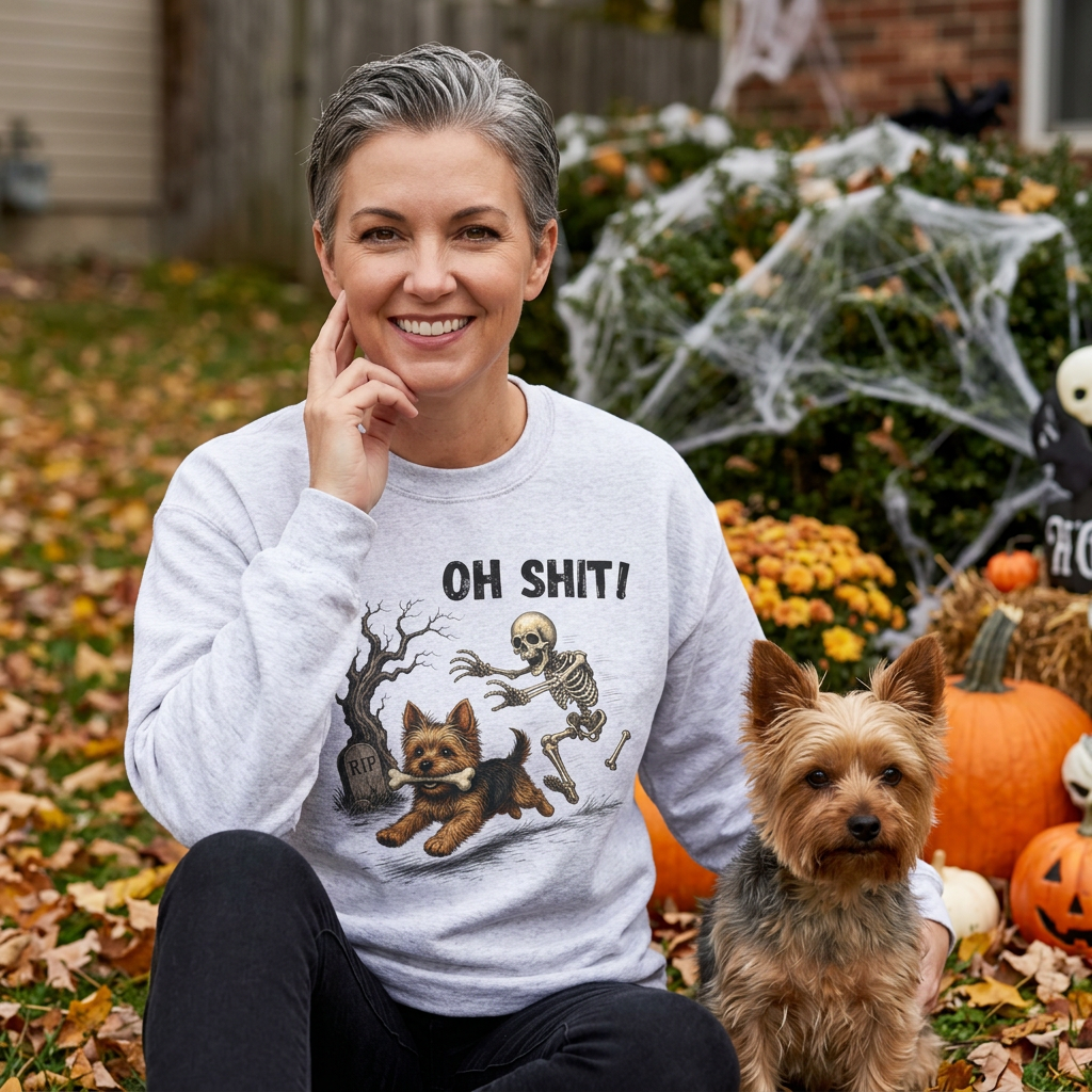 OH SHIT! Funny Skeleton Halloween Sweatshirt, Yorkie Terrier Dog Lover Shirt, Funny Fall Sweatshirt, Halloween Dog Mom Gift, Trick Treat
