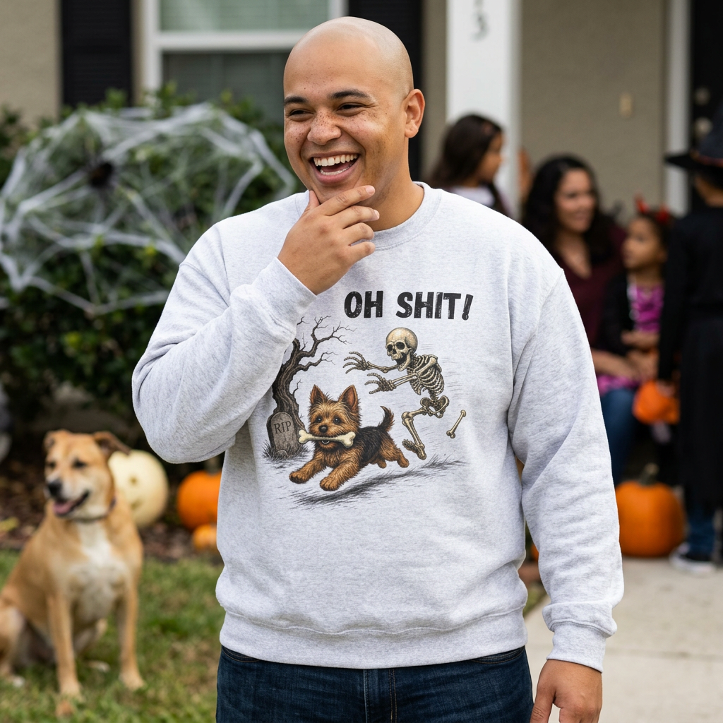 OH SHIT! Funny Skeleton Halloween Sweatshirt, Yorkie Terrier Dog Lover Shirt, Funny Fall Sweatshirt, Halloween Dog Mom Gift, Trick Treat