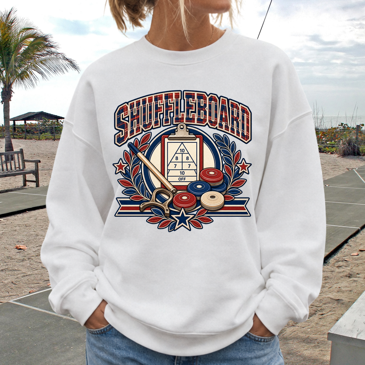 Vintage Shuffleboard Sweatshirt, Retro Americana Crewneck, Shuffleboard Player Gift, Beach Game Pullover, Patriotic Sports Shirt Unisex