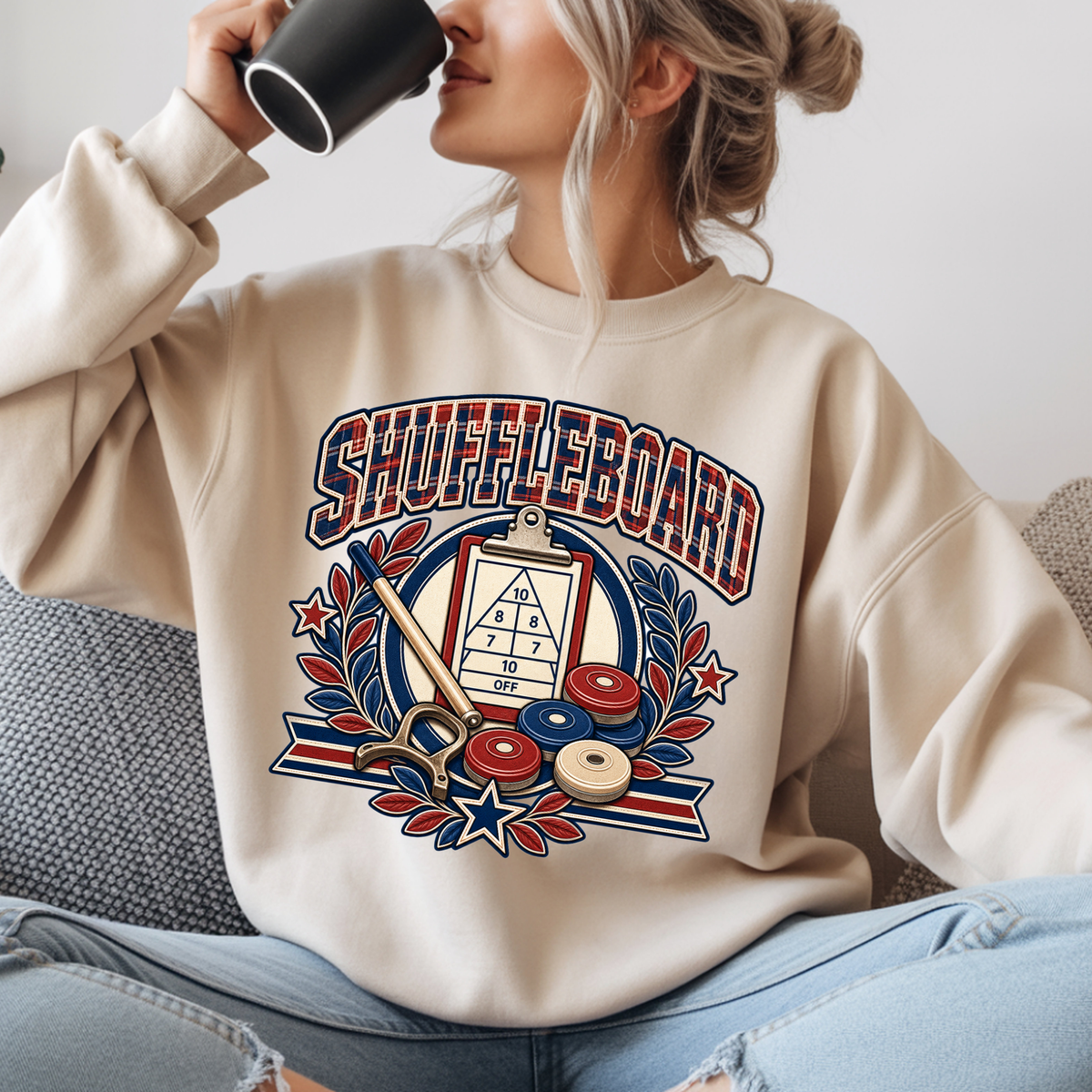 Vintage Shuffleboard Sweatshirt, Retro Americana Crewneck, Shuffleboard Player Gift, Beach Game Pullover, Patriotic Sports Shirt Unisex