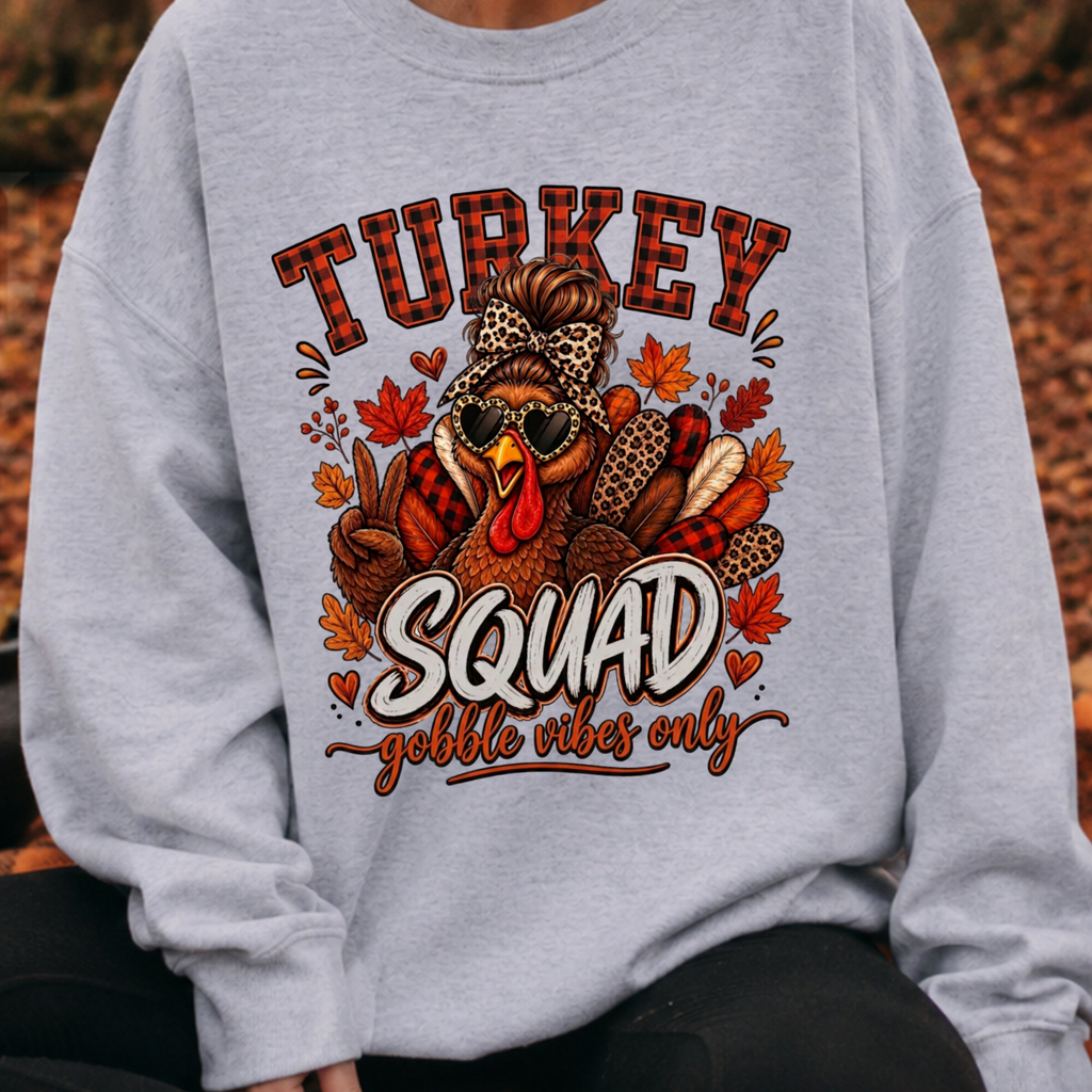 A woman wearing a light gray crewneck sweatshirt with a 'Turkey Squad' autumn graphic, sitting in an outdoor forest setting with pumpkins and string lights.