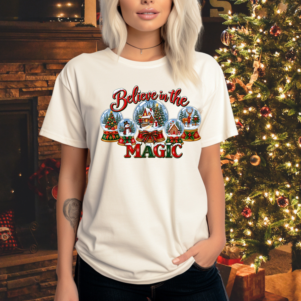 Comfort Colors Believe in the Magic Snow Globe Christmas T-shirt | Holiday Santa Village Design