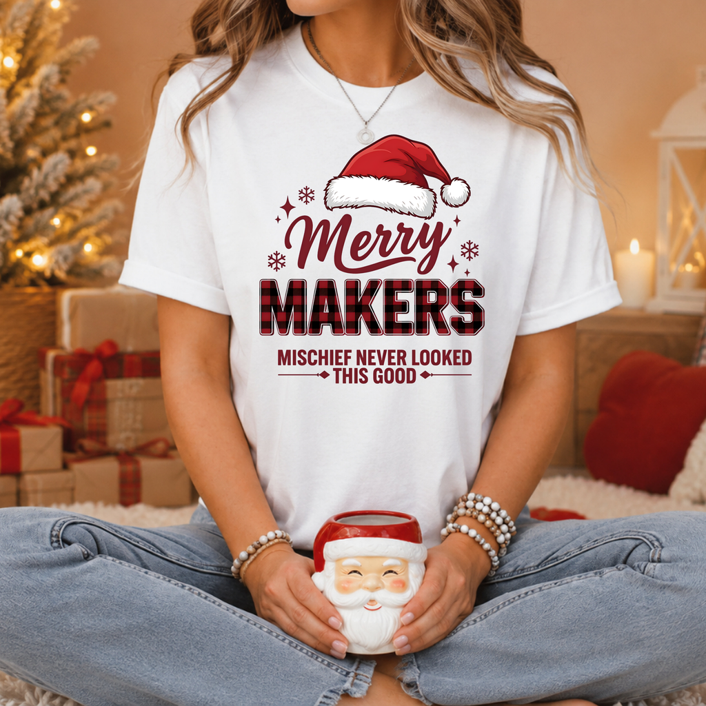 Merry Makers Christmas Shirt | Mischief Never Looked This Good | Santa Hat Tee | Funny Holiday T-Shirt | Cute Xmas Gift Tee