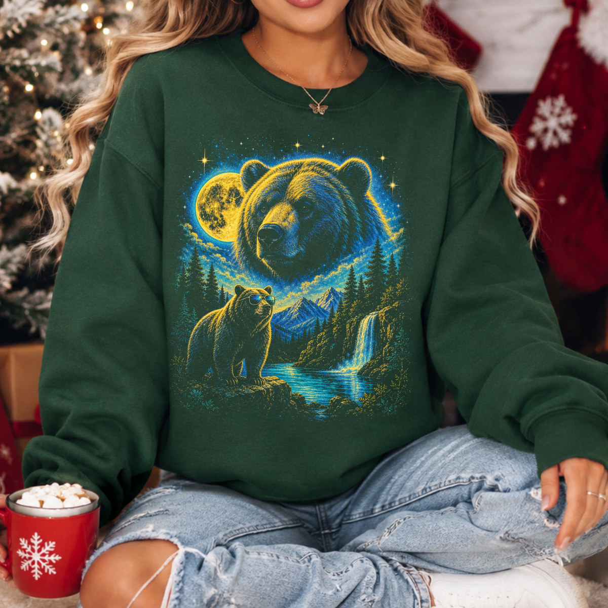 Bear Moon Forest Sweatshirt, Double Exposure Wildlife Sweatshirt, Mountain Waterfall Bear Shirt, Nature Lover Gift, Outdoor Cabin Crewneck