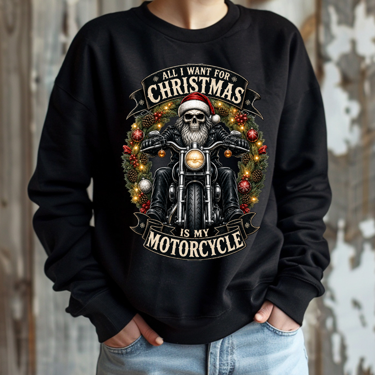 Skeleton Biker Christmas Sweatshirt, All I Want For Christmas Is My Motorcycle Shirt, Funny Biker Xmas Gift, Santa Skull Motorcycle Sweater