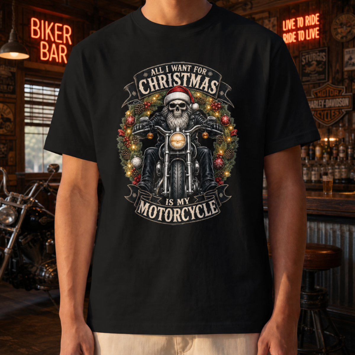 Comfort Colors Skeleton Biker Christmas T-shirt, All I Want for Christmas Is My Motorcycle Shirt, Santa Skull Motorcycle Top, Gift for Biker