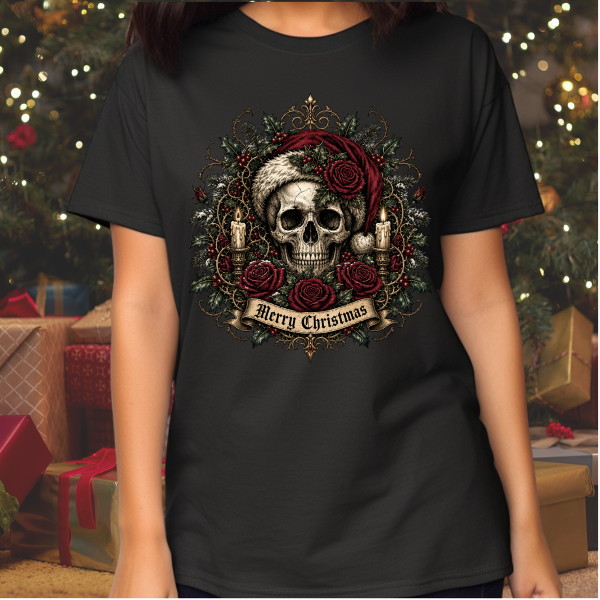 Gothic Skull Christmas Shirt, Dark Santa Skull Tee, Merry Christmas Skeleton Roses Shirt, Alternative Xmas Shirt, Punk Holiday Gift Tee