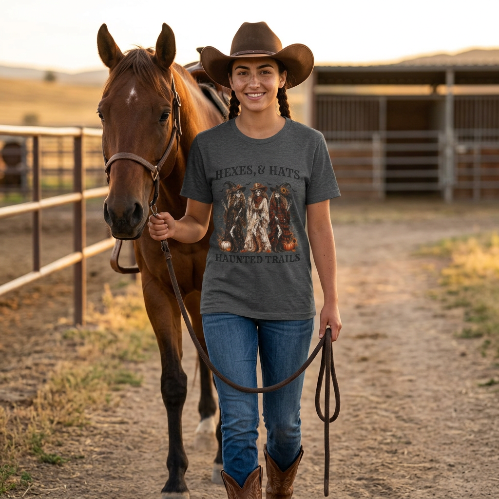 Hexes & Hats Haunted Trails Shirt, Western Halloween Tee, Cowboy Witch T-Shirt, Spooky Season Shirt, Rodeo Halloween Graphic Tee Gift