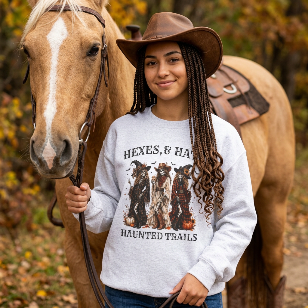 Hexes & Hats Haunted Trails Sweatshirt, Western Halloween Crewneck, Cowgirl Witch Sweater, Spooky Cowgirl Fall Shirt, Rodeo Halloween Gift