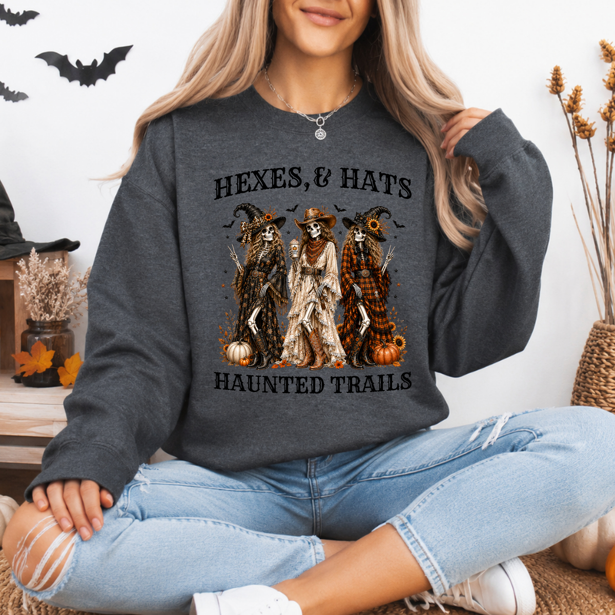 Hexes & Hats Haunted Trails Sweatshirt, Western Halloween Crewneck, Cowgirl Witch Sweater, Spooky Cowgirl Fall Shirt, Rodeo Halloween Gift