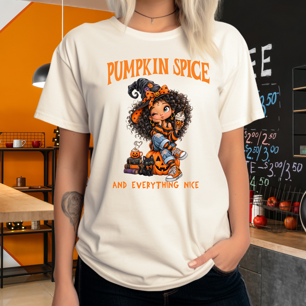 Pumpkin Comfort Colors Spice and Everything Nice T-Shirt, Cute Halloween and Fall Crewneck Trendy T-Shirt, Autumn Coffee Fall Shirt Gift