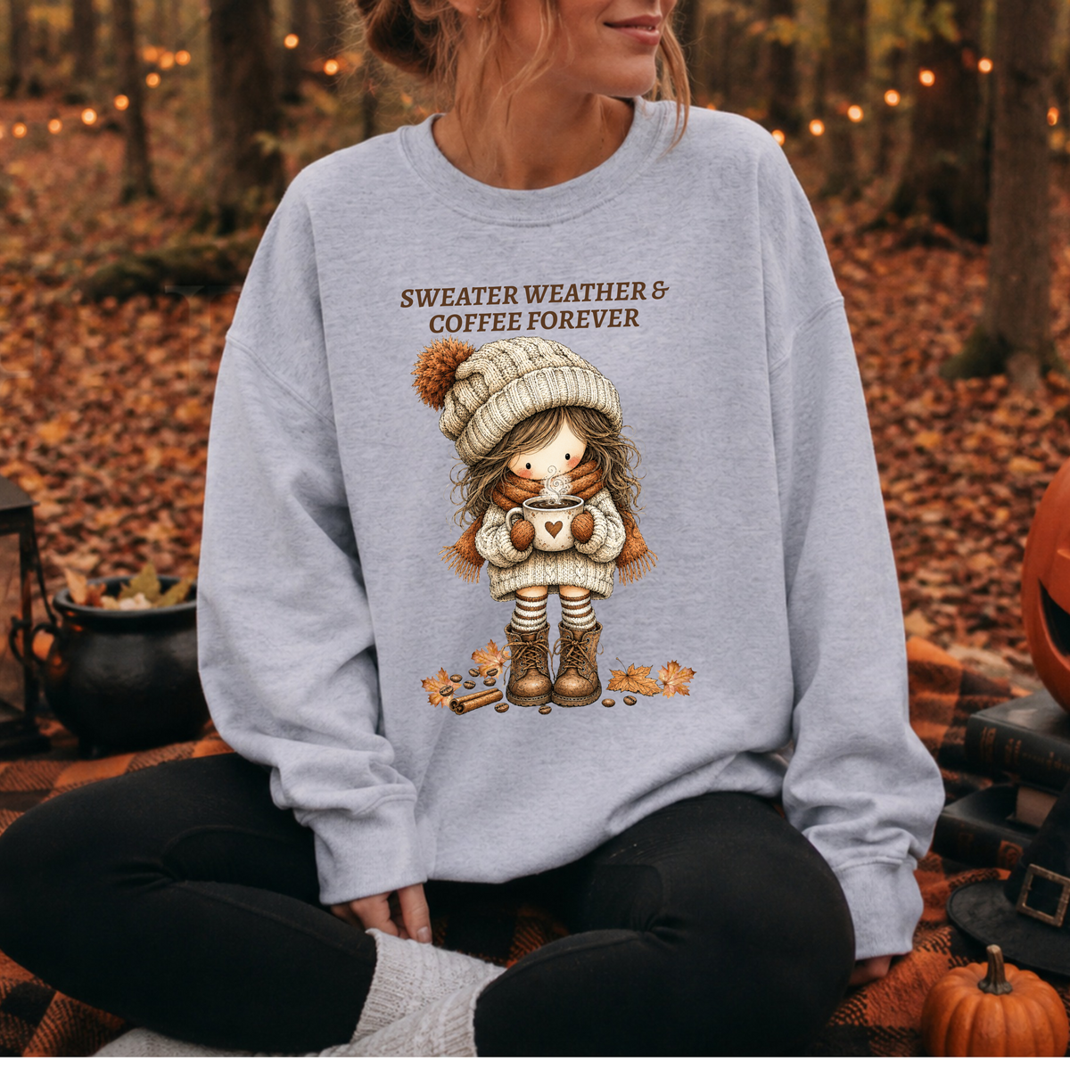 Sweater Weather & Coffee Forever Sweatshirt, Fall Girl Coffee Cup Shirt, Cozy Autumn Crewneck, Cute Boho Fall Vibes Tee, Coffee Lover Gift