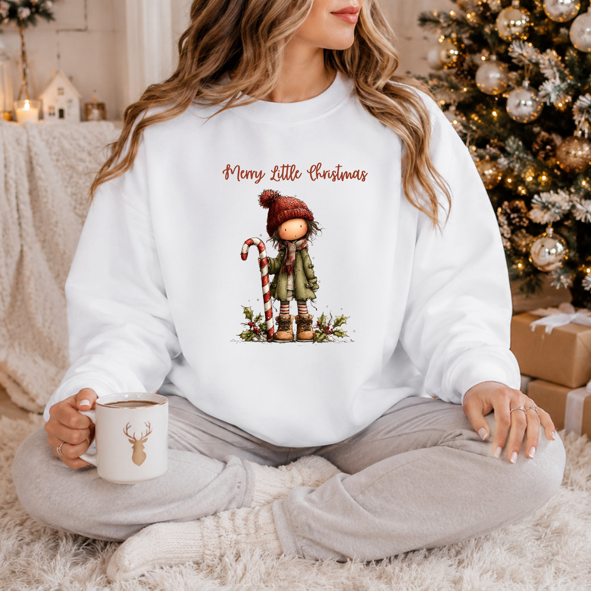 Merry Little Christmas Sweatshirt, Whimsical Girl Candy Cane Shirt, Cute Holiday Crewneck, Christmas Girl Tee, Xmas Gift Sweatshirt for Her