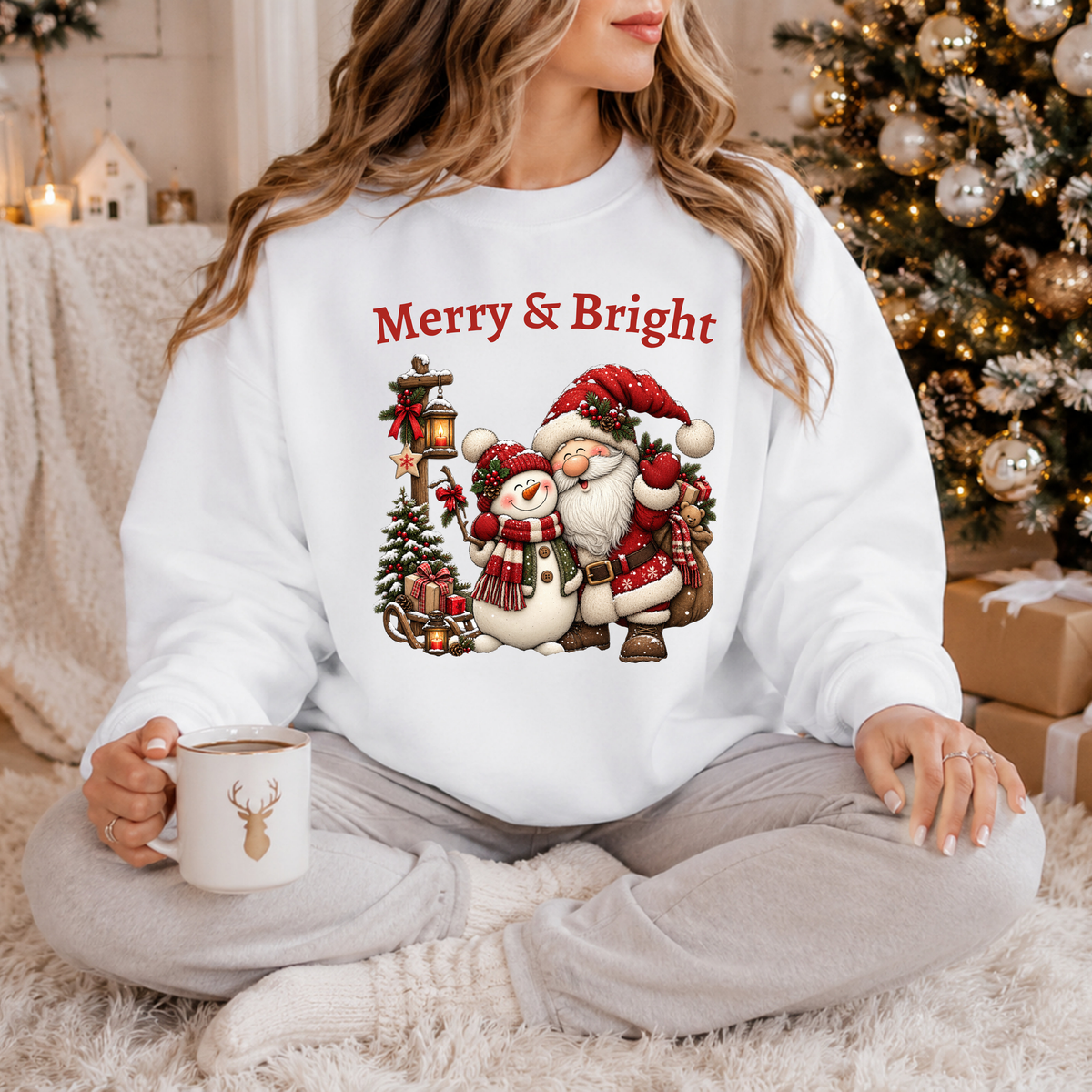 Merry & Bright Sweatshirt, Santa Snowman Christmas Shirt, Vintage Holiday Crewneck, Festive Christmas Tee, Xmas Gift Sweatshirt for Her
