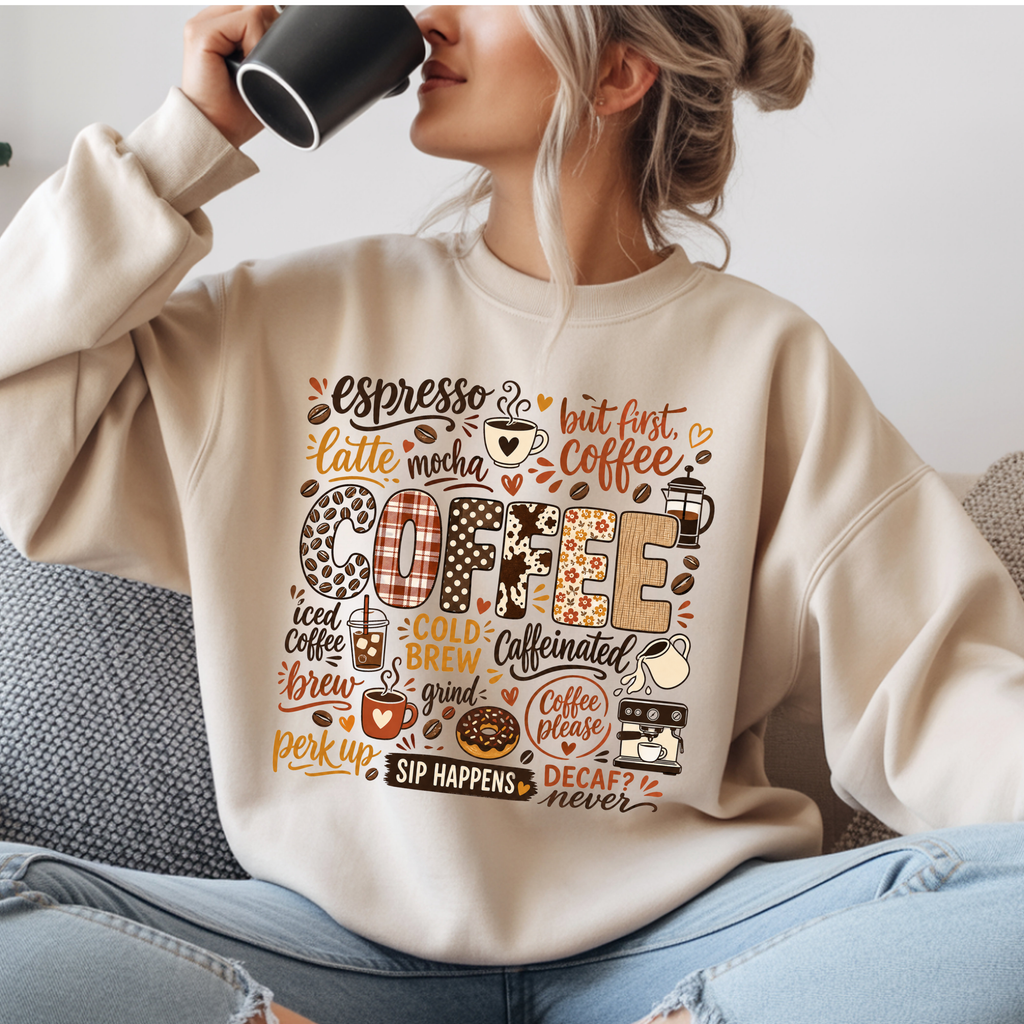 Coffee Lover Word Collage, Funny Coffee Quotes Design, Espresso Latte Mocha Iced Coffee Shirt Design, Sip Happens
