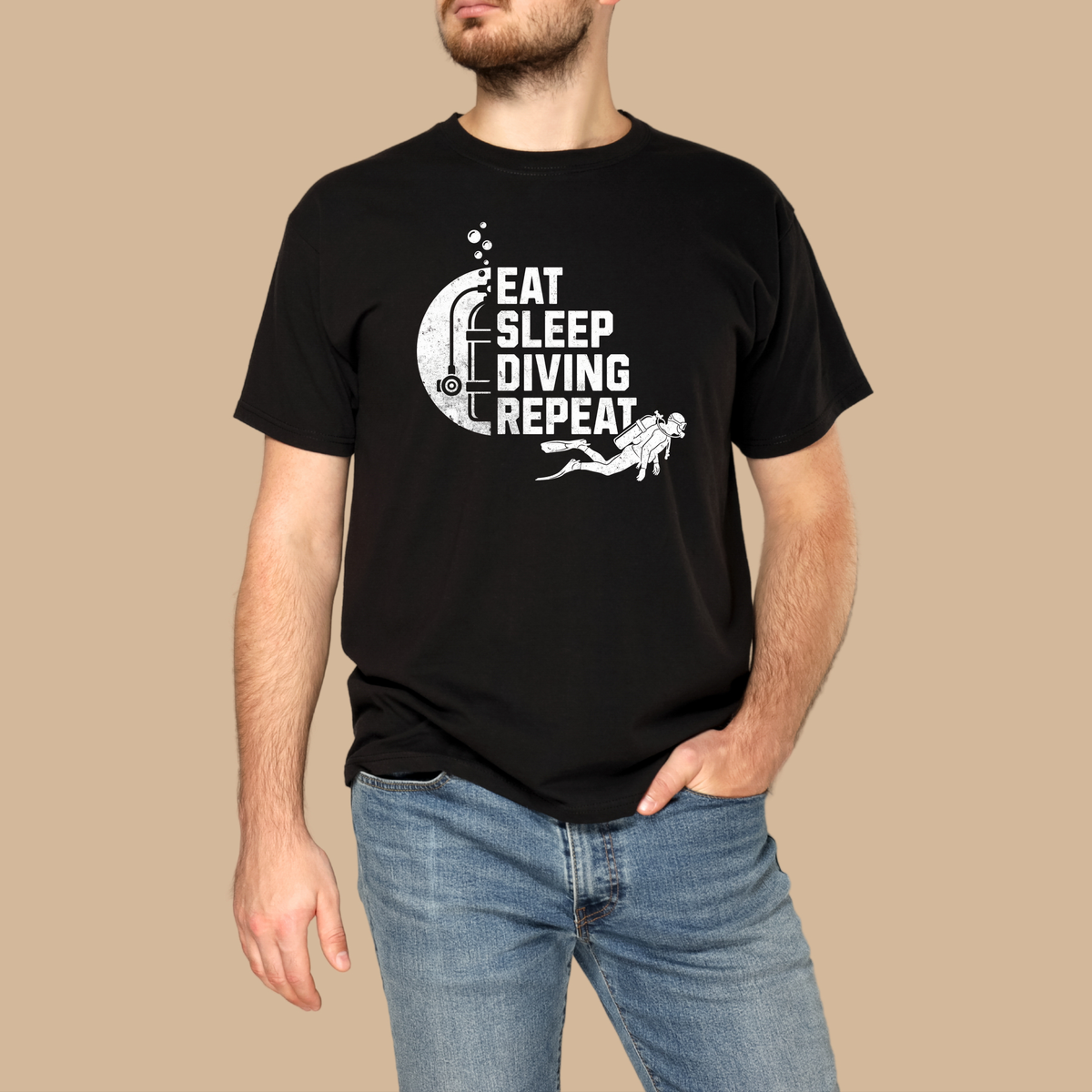 Eat Sleep Diving Repeat Tee | Scuba Diver Moon Graphic, Vintage Grunge T-shirt, Sports Lover, Unisex Tee, Gift, Casual Wear, Water Sports
