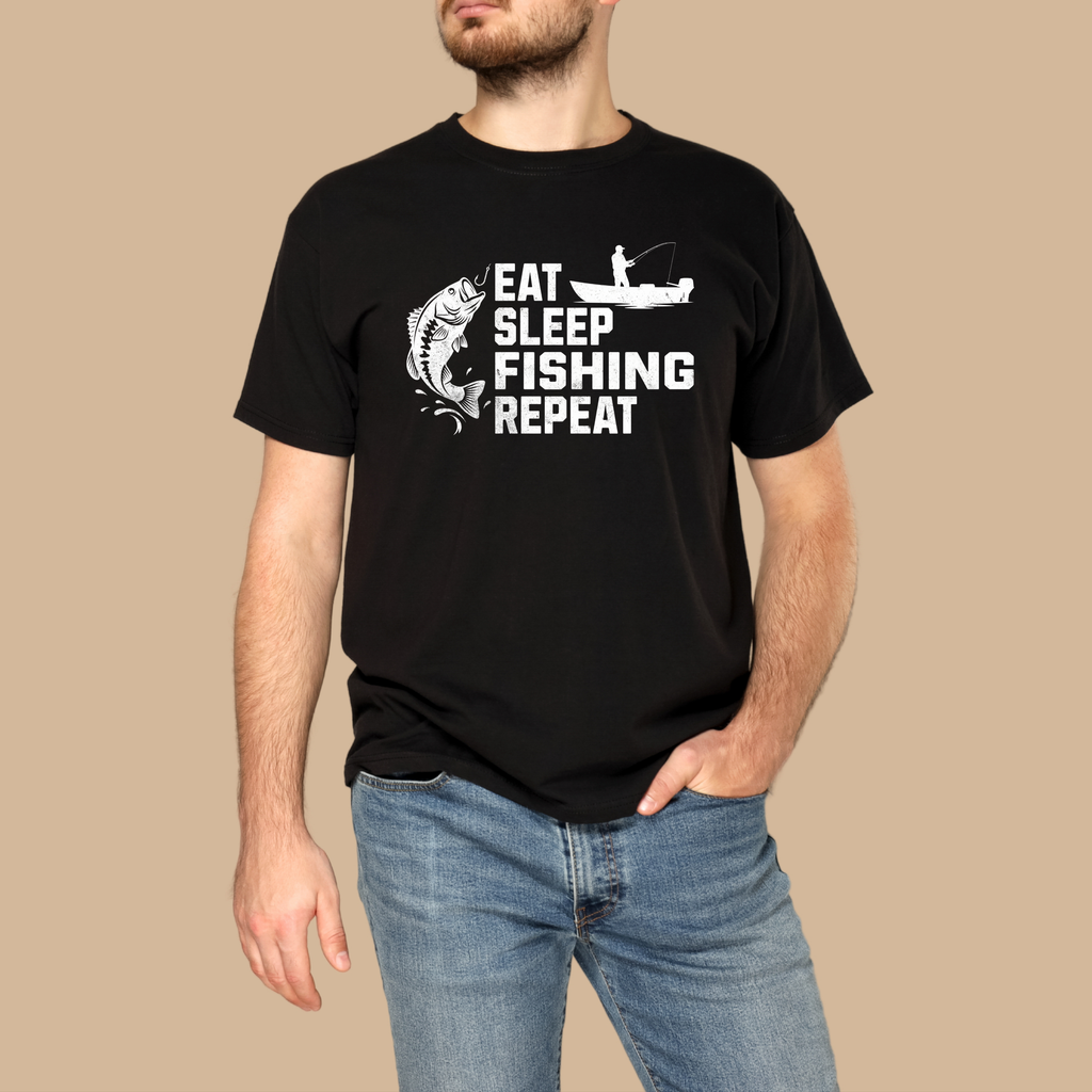 Eat Sleep Fishing Repeat Tee | Fishing Shirt, Bass Angler Graphic, Vintage Style Grunge T-Shirt, Fishing Lover Tee, Unisex, Men's T-Shirt