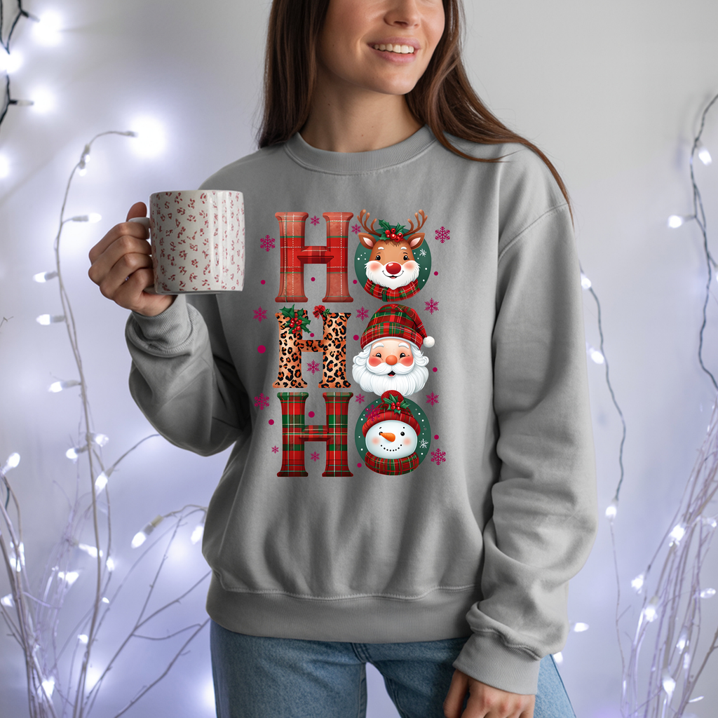 HOHOHO Christmas Characters Sweatshirt | Santa Reindeer Snowman Holiday Crewneck