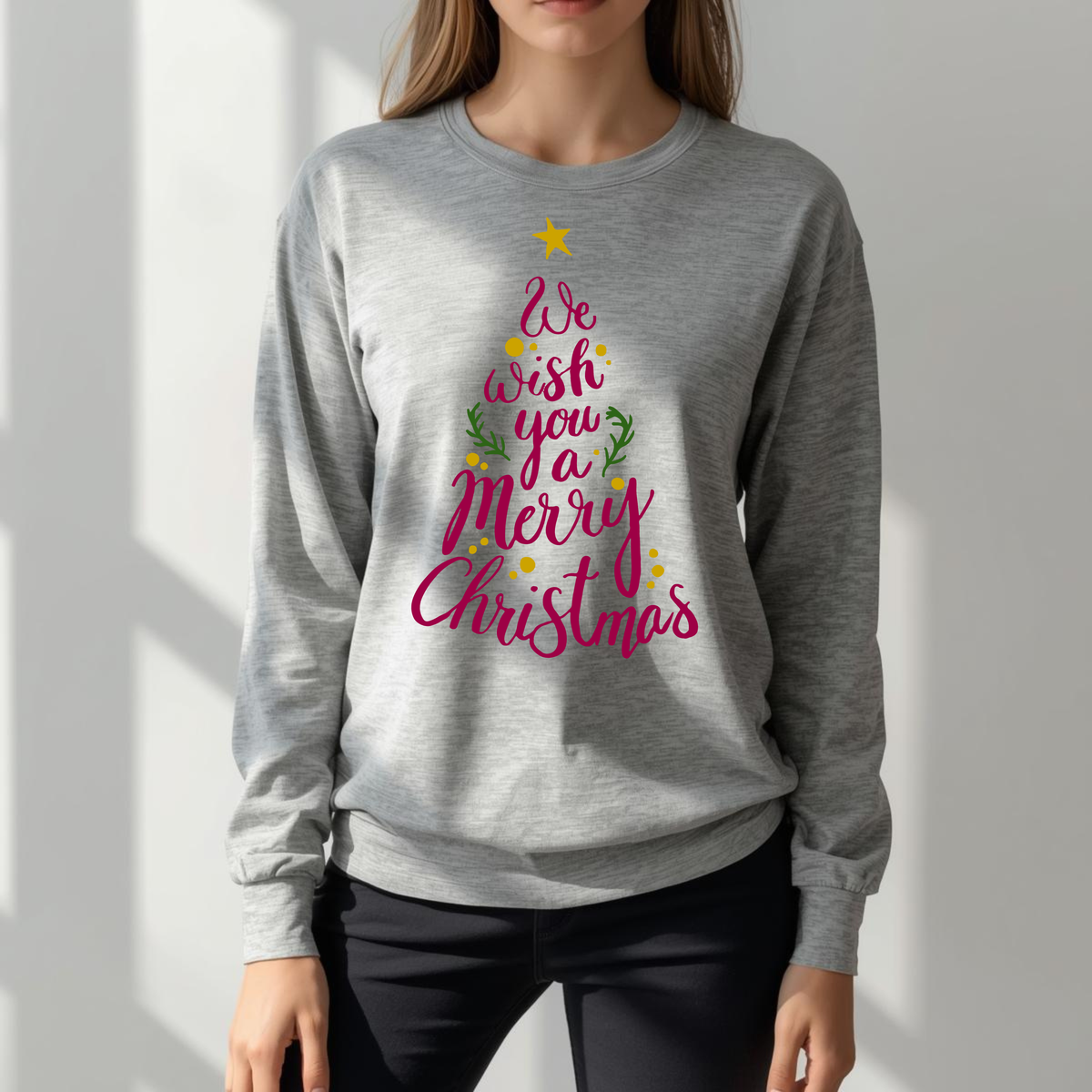 Merry Christmas Tree Script Typography Long Sleeve Tee | Holiday Holiday Shirt, Trendy Tee, Layering Tee, Work T-shirt, Unisex