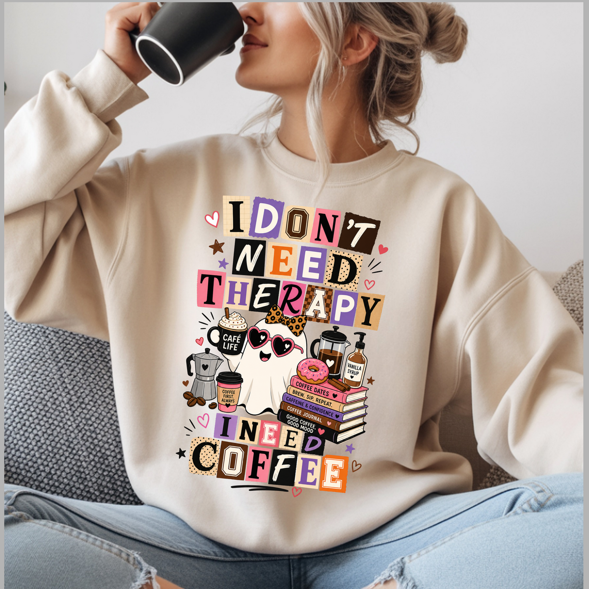 I Don't Need Therapy I Need Coffee Shirt, Funny Ghost Coffee Lover Tee, Halloween Coffee Shirt, Cute Spooky Season Graphic Tee Gift