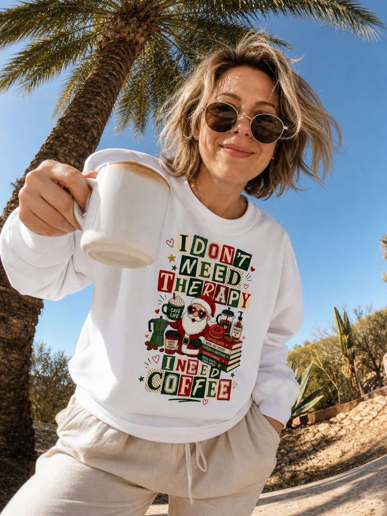 Christmas Sweatshirt I Don't Need Therapy I Need Coffee Funny Santa Coffee Lover Shirt Xmas Plaid Retro Holiday Gift for Women
