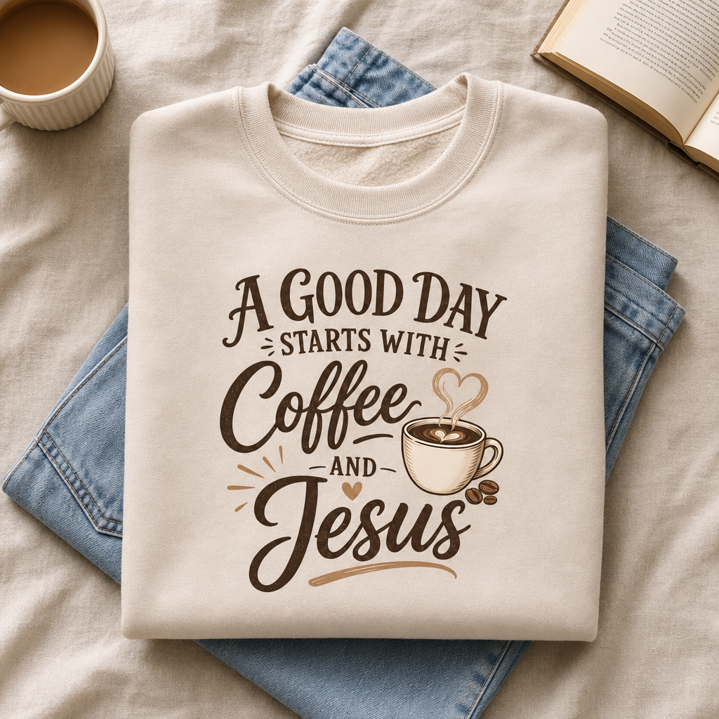 A Good Day Starts with Coffee and Jesus Shirt, Christian Coffee Sweatshirt, Faith Based Top, Religious Coffee Lover Gift, Women's Christian