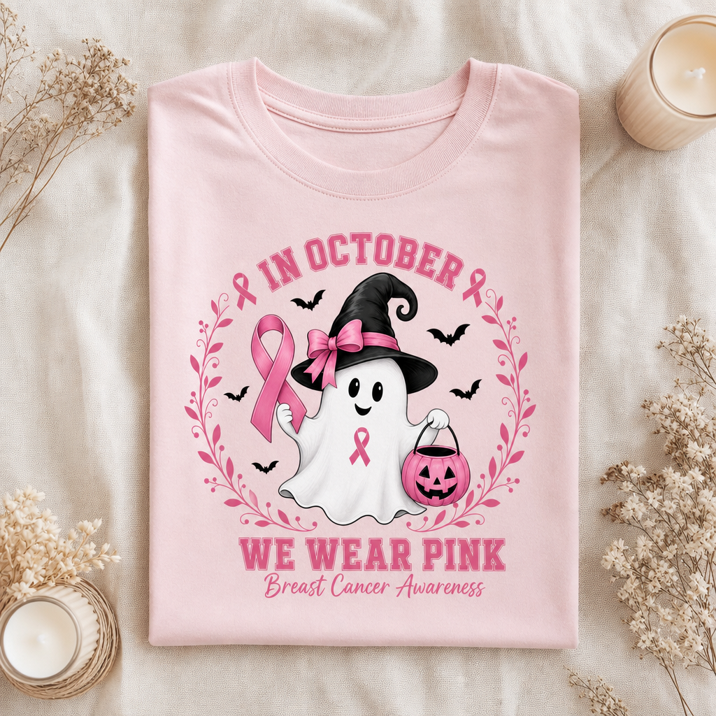 In October We Wear Pink Shirt, Breast Cancer Awareness Ghost Tee, Halloween Pink Ribbon Shirt, Cute Ghost Pumpkin Support Survivor Gift