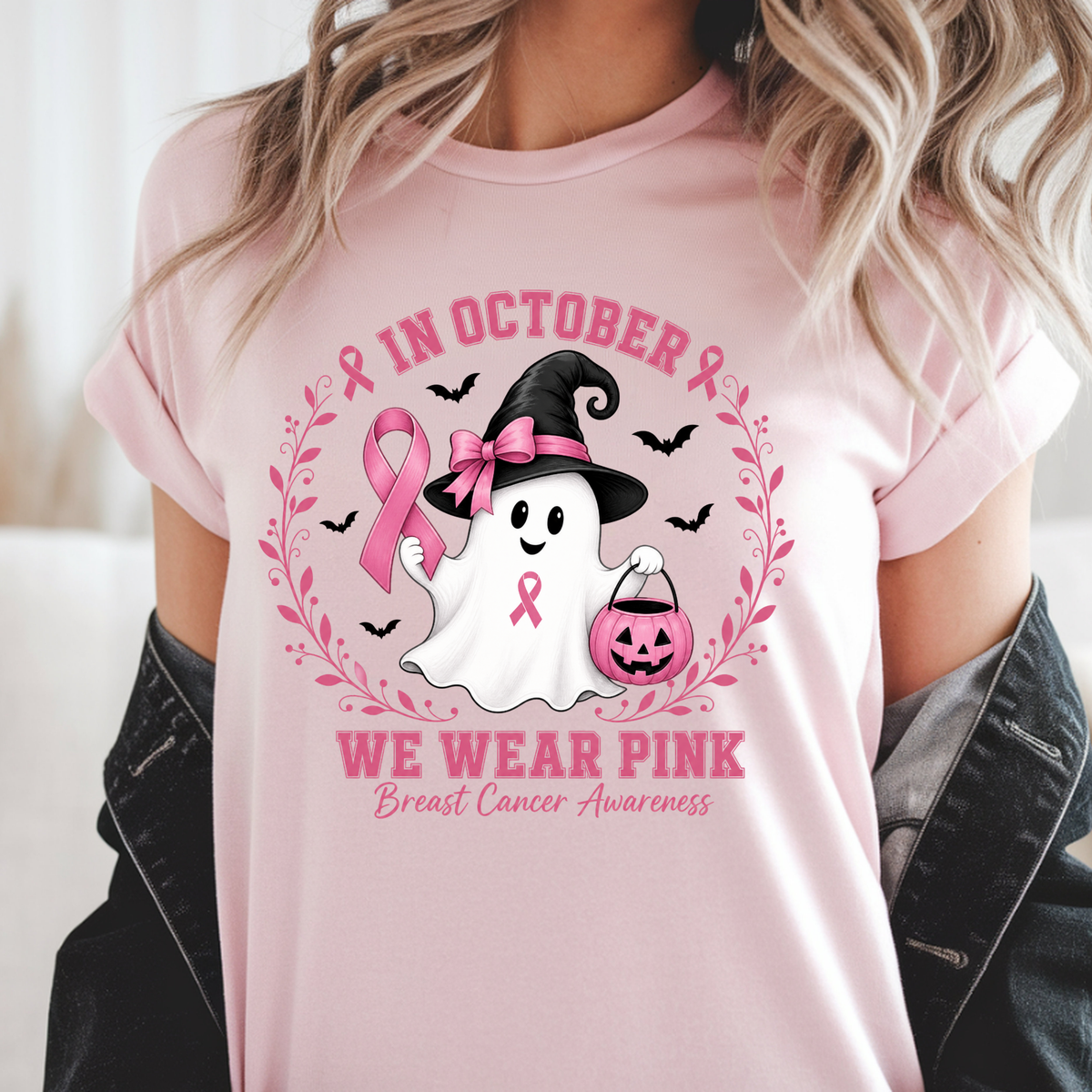 In October We Wear Pink Shirt, Breast Cancer Awareness Ghost Tee, Halloween Pink Ribbon Shirt, Cute Ghost Pumpkin Support Survivor Gift