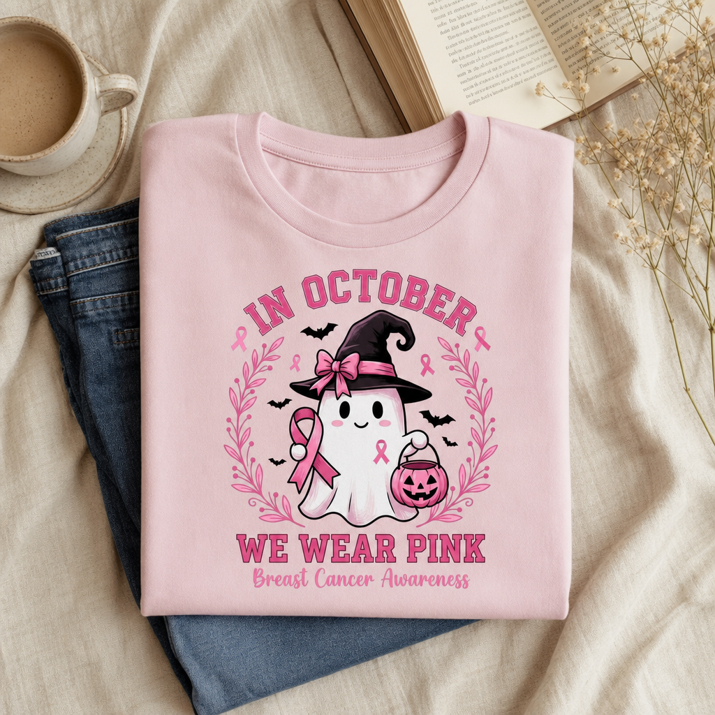 In October We Wear Pink Shirt, Breast Cancer Awareness Ghost Tee, Halloween Pink Ribbon Shirt, Cute Ghost Pumpkin Support Survivor Gift