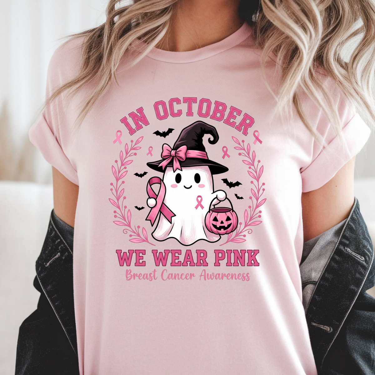 In October We Wear Pink Shirt, Breast Cancer Awareness Ghost Tee, Halloween Pink Ribbon Shirt, Cute Ghost Pumpkin Support Survivor Gift