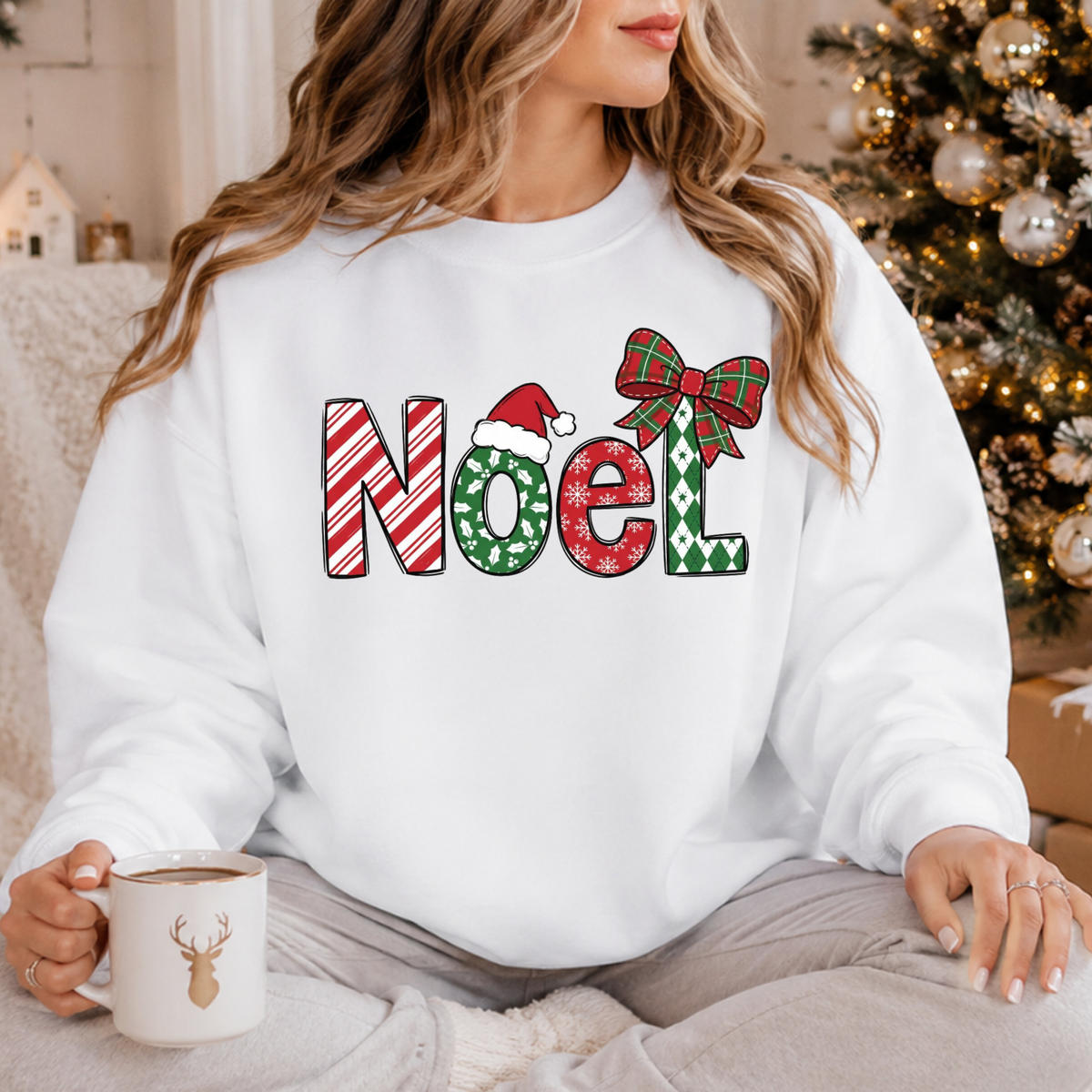 Noel Christmas Sweatshirt, Retro Christmas Sweatshirt, Noel Sweater, Christmas Bow Sweatshirt, Plaid Santa Hat Shirt, Holiday Gift for Her