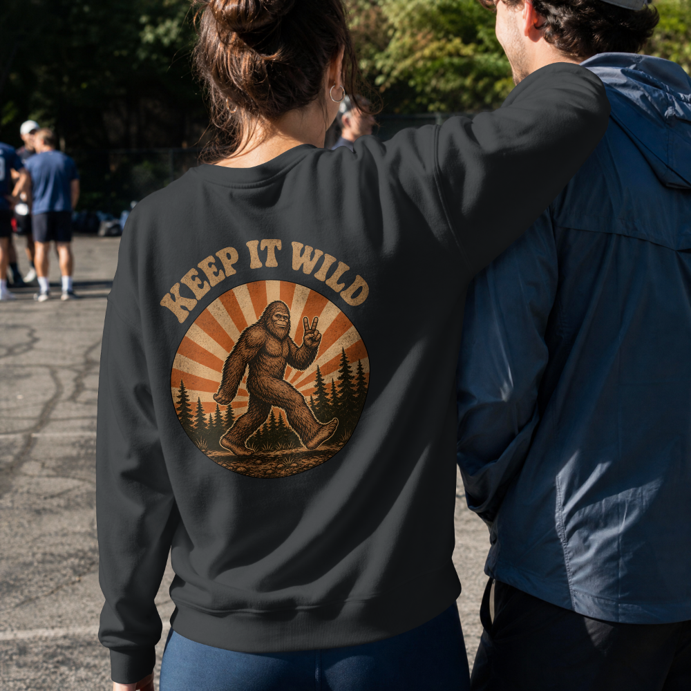 Keep It Wild Bigfoot Sweatshirt, Retro Sasquatch Sunset Graphic Tee, Outdoor Camping Nature Lover Gift, Unisex Crewneck Pullover