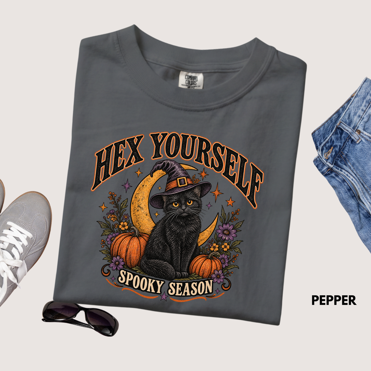 Comfort Color Hex Yourself Shirt, Spooky Season Shirt, Black Cat Witch Hat Tee, Halloween Cat Shirt, Witchy Fall Cat Lover Gift, Trendy Tee
