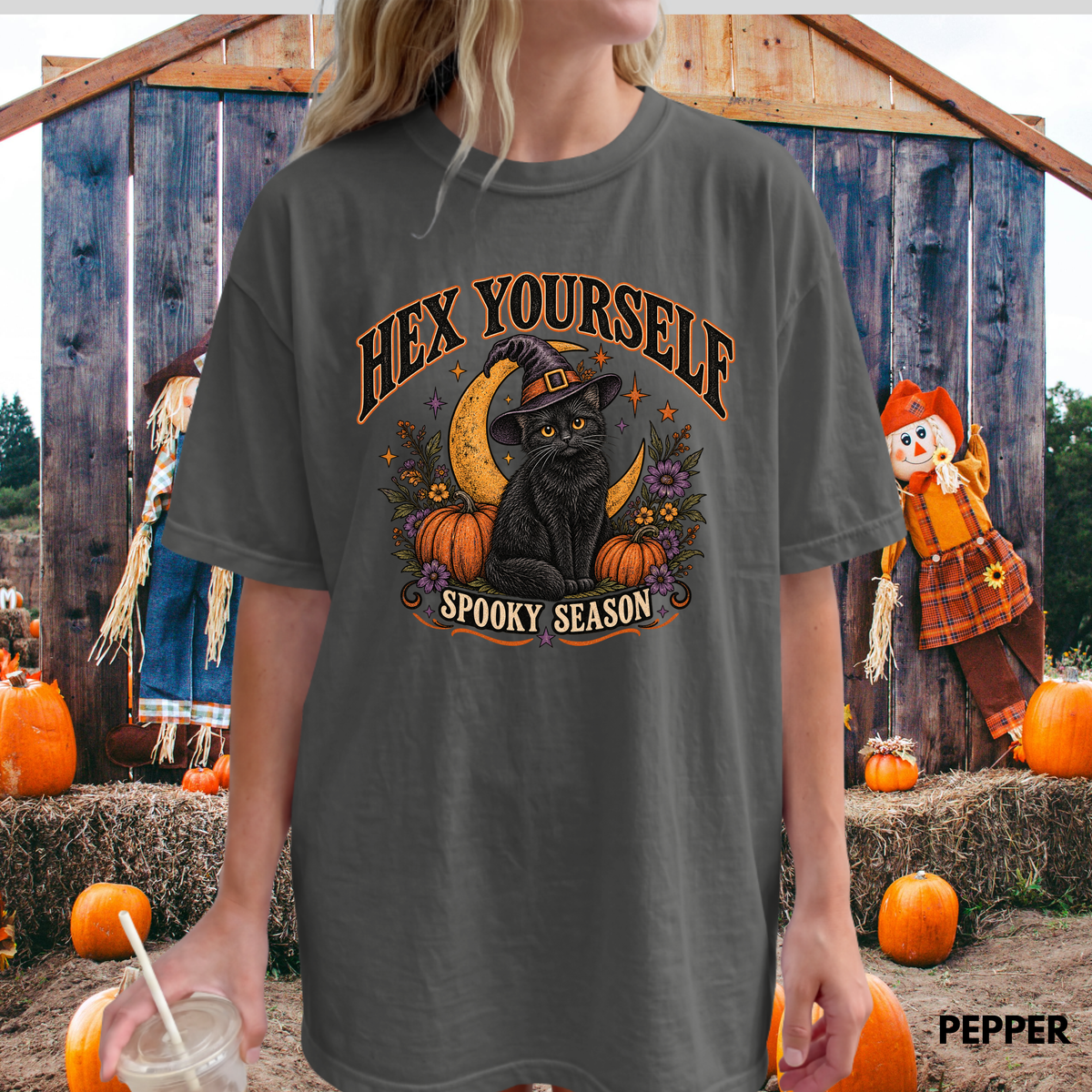 Comfort Color Hex Yourself Shirt, Spooky Season Shirt, Black Cat Witch Hat Tee, Halloween Cat Shirt, Witchy Fall Cat Lover Gift, Trendy Tee