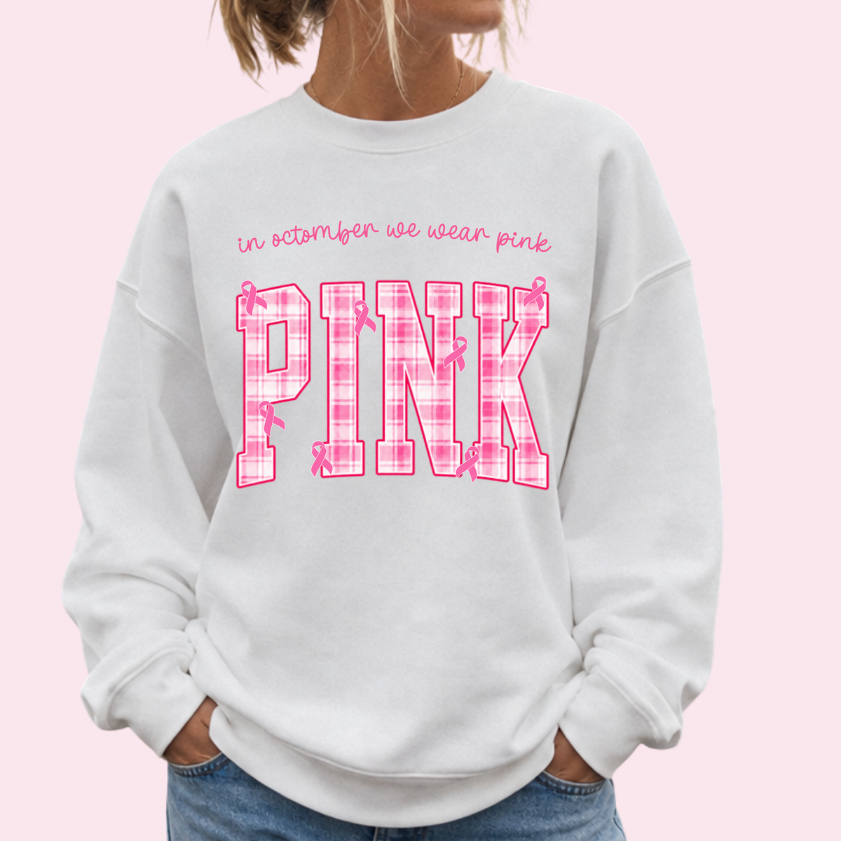 In October We Wear Pink Sweatshirt, Breast Cancer Awareness Top, Pink Plaid Design, Survivor Support Shirt, Pink Ribbon Top