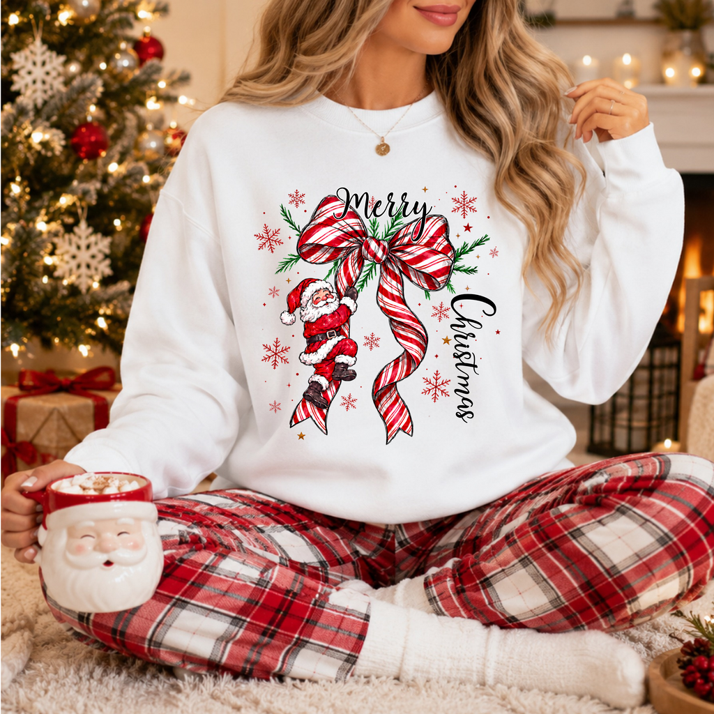 Merry Christmas Sweatshirt, Santa Bow Candy Cane Sweatshirt, Christmas Snowflake Sweatshirt, Womens Holiday Sweatshirt, Christmas Gift