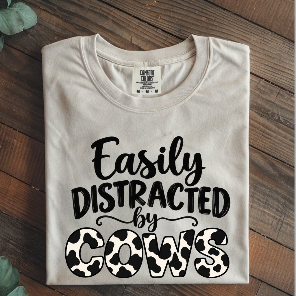 Comfort Color Easily Distracted By Cows T-Shirt, Cow Print Crewneck, Funny Farm Shirt, Cow Lover Gift, Farm Life Top, Country Girl