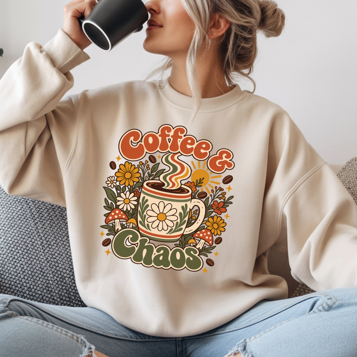 Coffee & Chaos Sweatshirt, Retro Floral Coffee Mug Shirt, Wildflower Mushroom Graphic Tee, Trendy Coffee Lover Gift, Cottagecore Crewneck