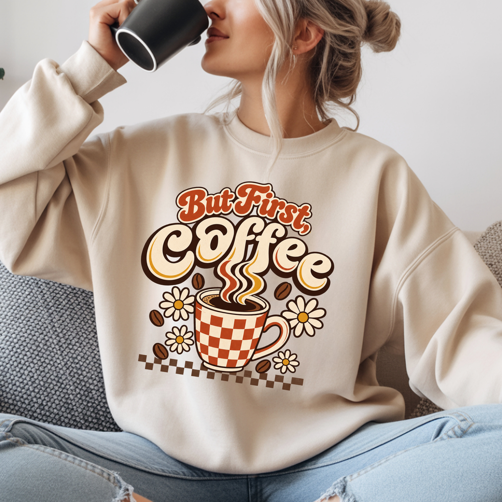 But First Coffee Shirt, Retro Checkered Mug Daisy Sweatshirt, Groovy Coffee Lover Tee, Trendy Coffee Shirt, Retro Floral Coffee Gift Shirt