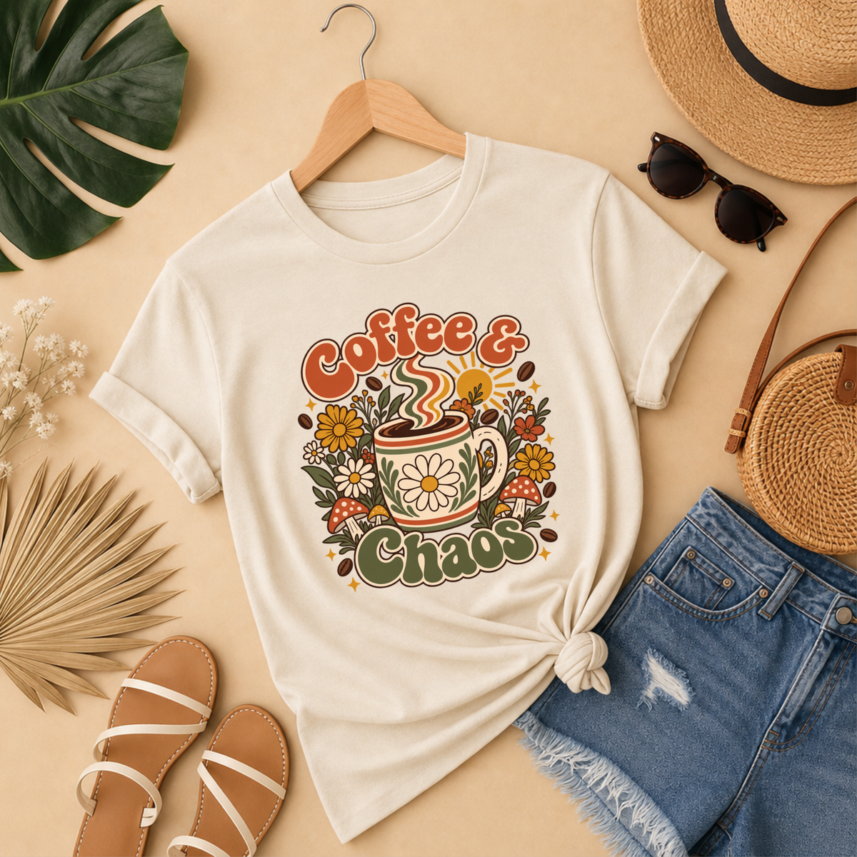 Comfort Color Retro-style Coffee & Chaos graphic T-Shirt featuring a floral coffee mug, cottagecore-inspired gift for coffee lovers