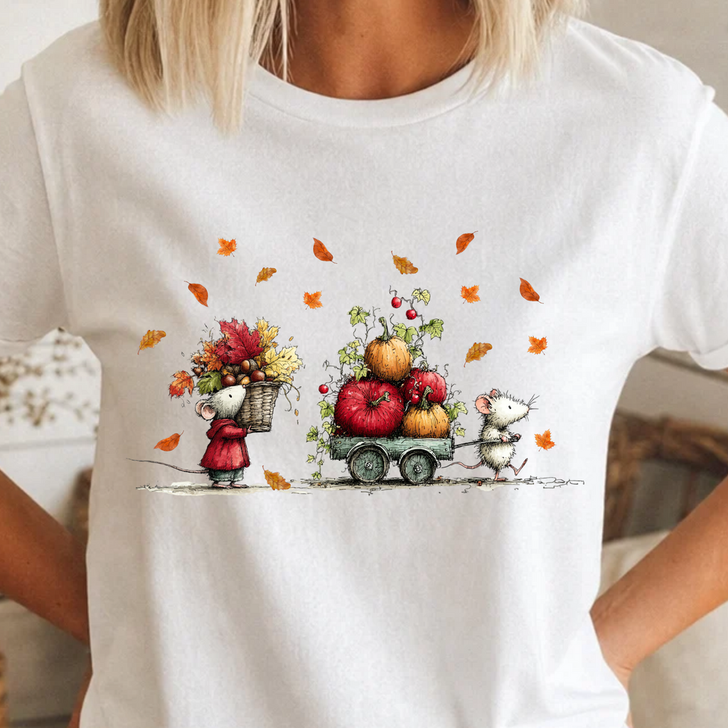 Comfort Color Fall Pumpkin Wagon Autumn Harvest T-Shirt, Thanksgiving Fall Leaves Shirt, Watercolor Pumpkin Apple Cart, Gift for Fall Lovers
