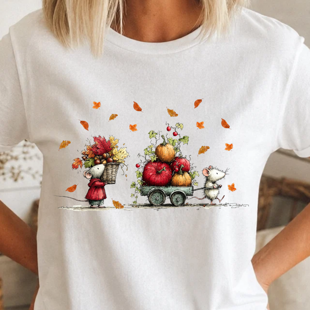 Comfort Color Fall Pumpkin Wagon Autumn Harvest T-Shirt, Thanksgiving Fall Leaves Shirt, Watercolor Pumpkin Apple Cart, Gift for Fall Lovers