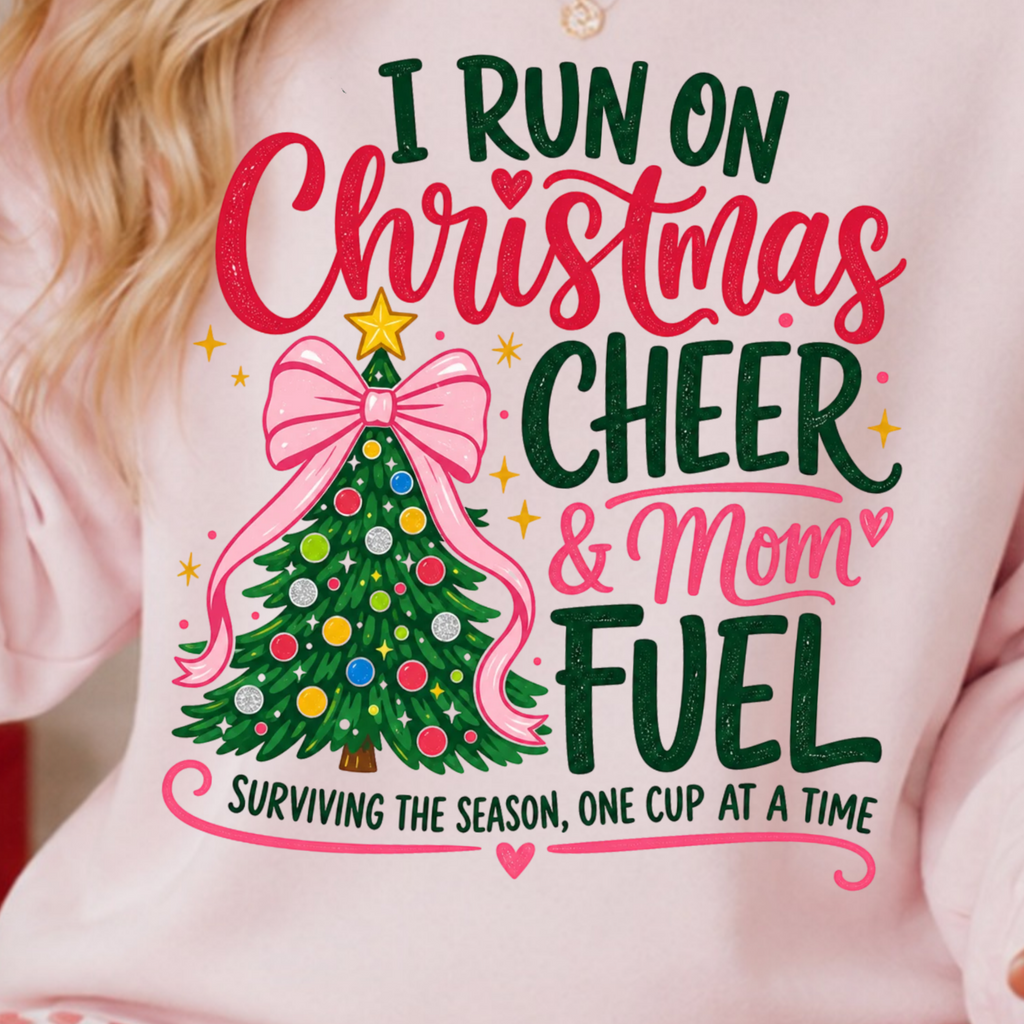 Christmas Mom Sweatshirt, I Run On Christmas Cheer And Mom Fuel, Funny Holiday Shirt, Coffee Lover Mom Gift, Xmas Tree Crewneck